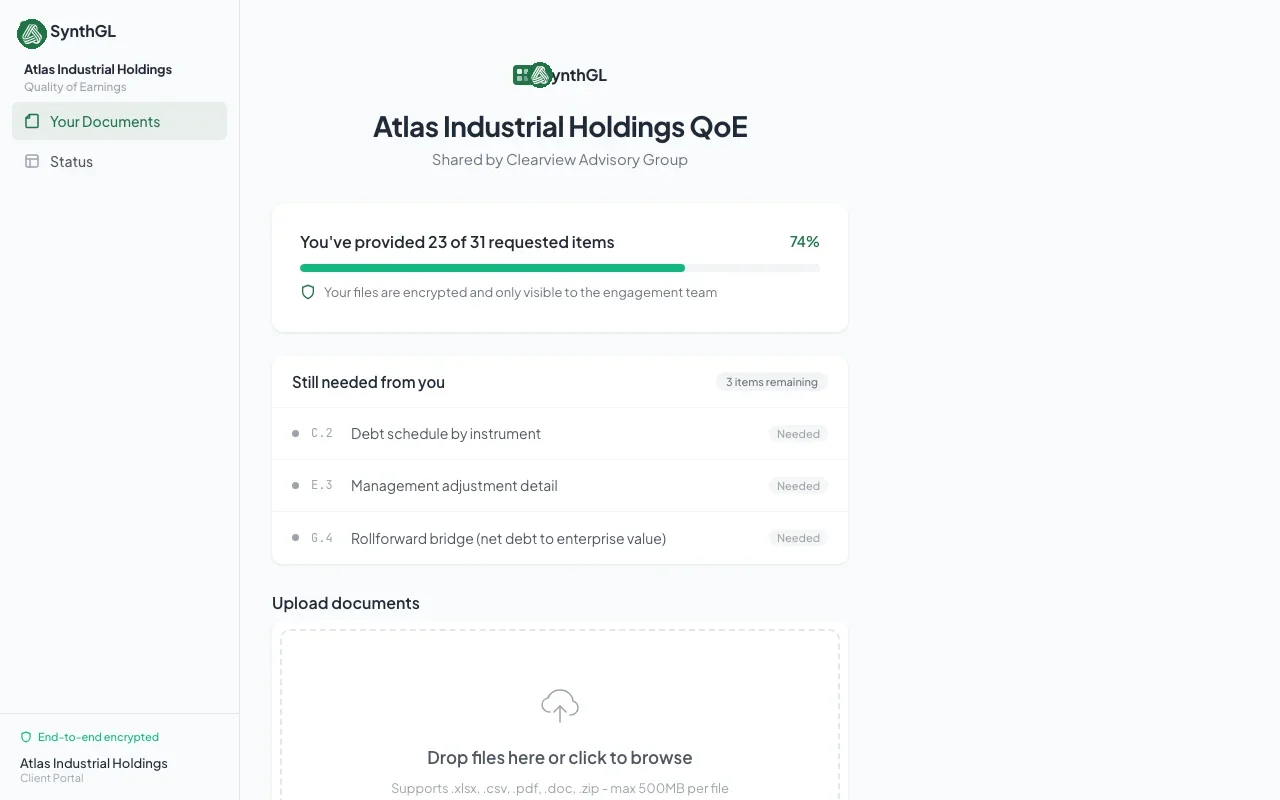 Client portal showing secure file upload and request response workflow