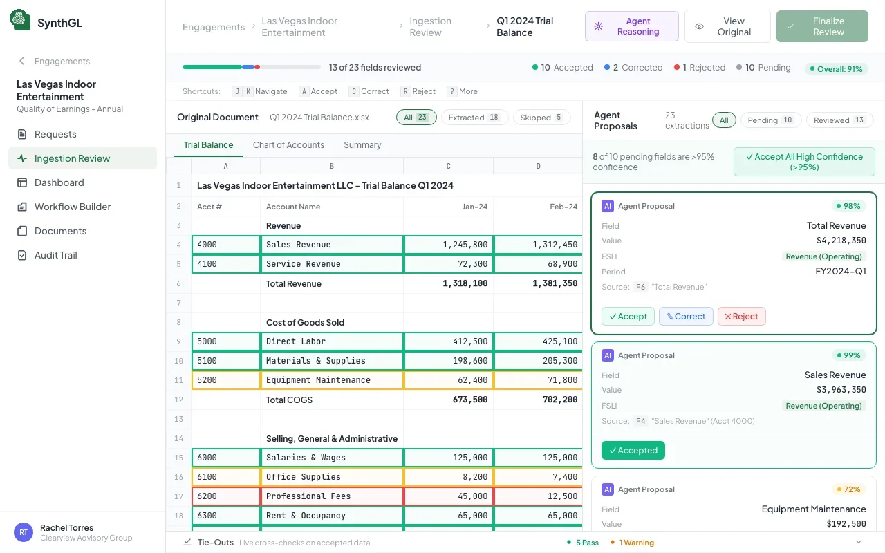Future ingestion review surface showing source document and normalized data side by side